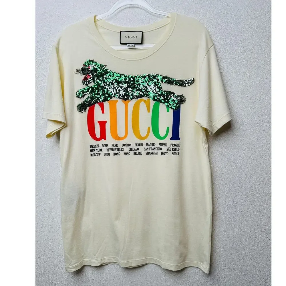 Gucci Sequin Cat Rainbow Logo T-Shirt Cream Unisex US M